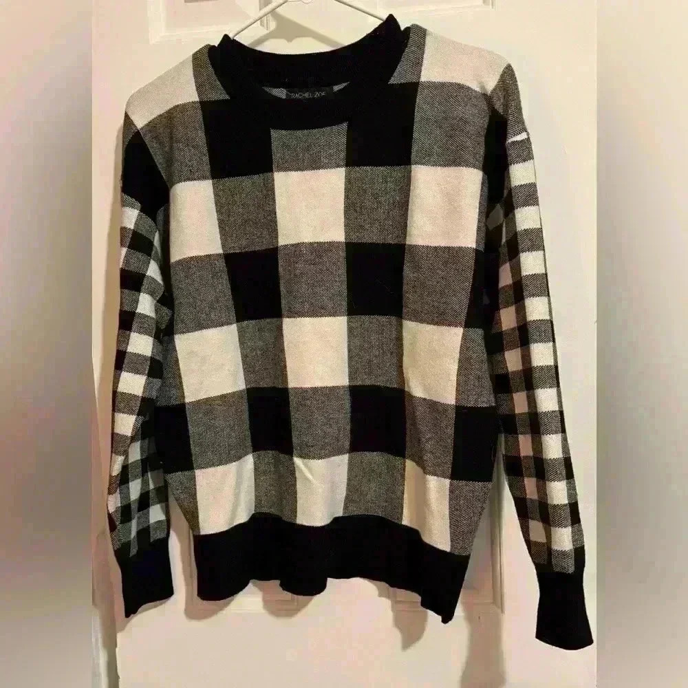 Rachel Zoe Black and White Checker Plaid Turtleneck Sweater, Women's Size S